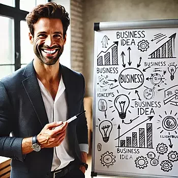 A man smiling and looking towards you as he brainstorms his business ideas on a white flip chart with a black pen